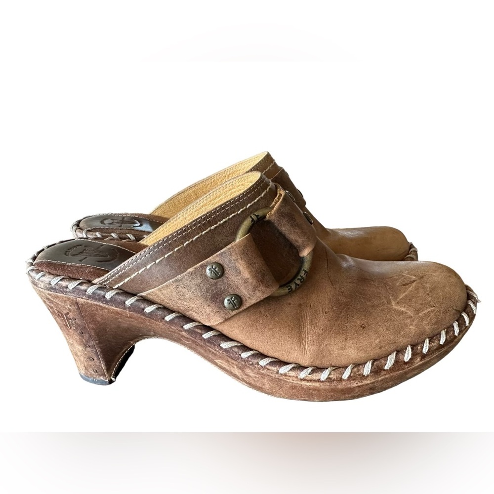 Frye Charlotte Ring Harness 70770 Brown Leather Heeled Mule Clogs Women's Size 8